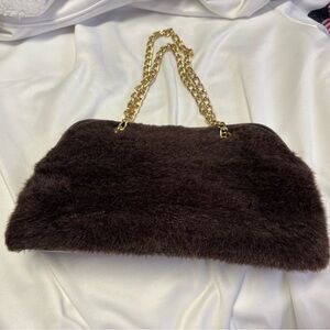 Victoria’s Secret Brown Faux Fur Clutch Gold Chain Evening Bag Y2K Glam